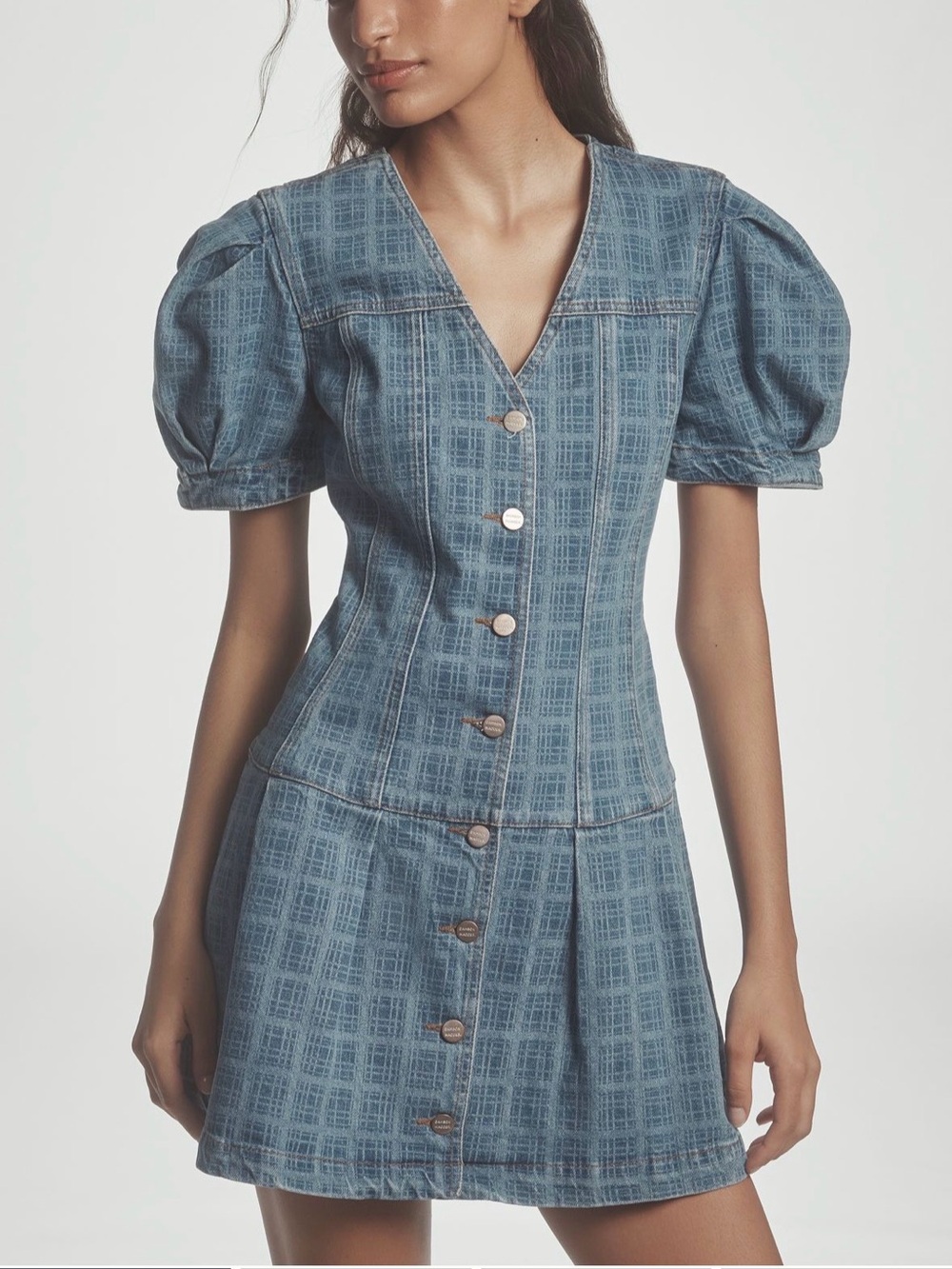 Anthropologie Denim Blue Puff-Sleeve Button-Front Midi Dress